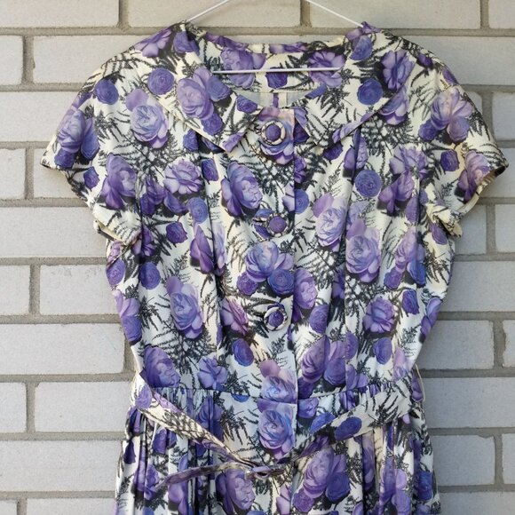 Vintage 50s Purple Rose Dress 42" Bust 28.5" Waist Rockabilly Tea Party 60s - Picture 5 of 16